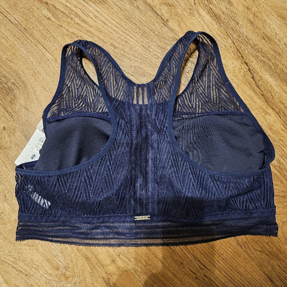 IZOD Navy Blue Geometric Lace Layering Lounge Bralette Racerback NWT Size L - Picture 3 of 5